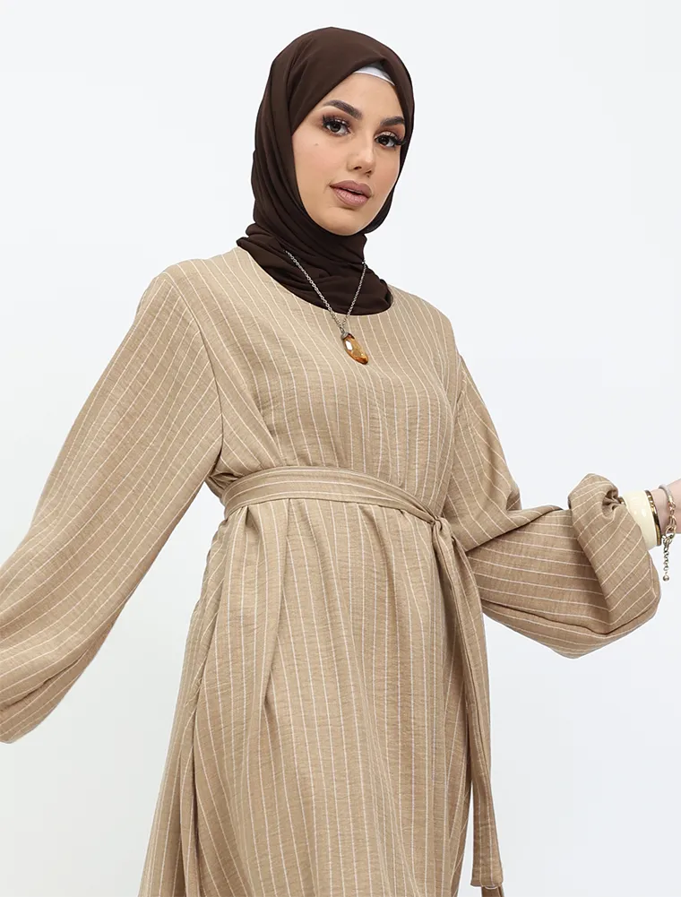 Camel Stripe Linen Feel Essential Abaya